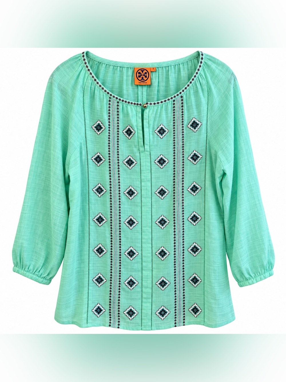 Tory Burch Lucille Seafoam Green Embroidered Beaded Blouse Size 8 Cotton Linen